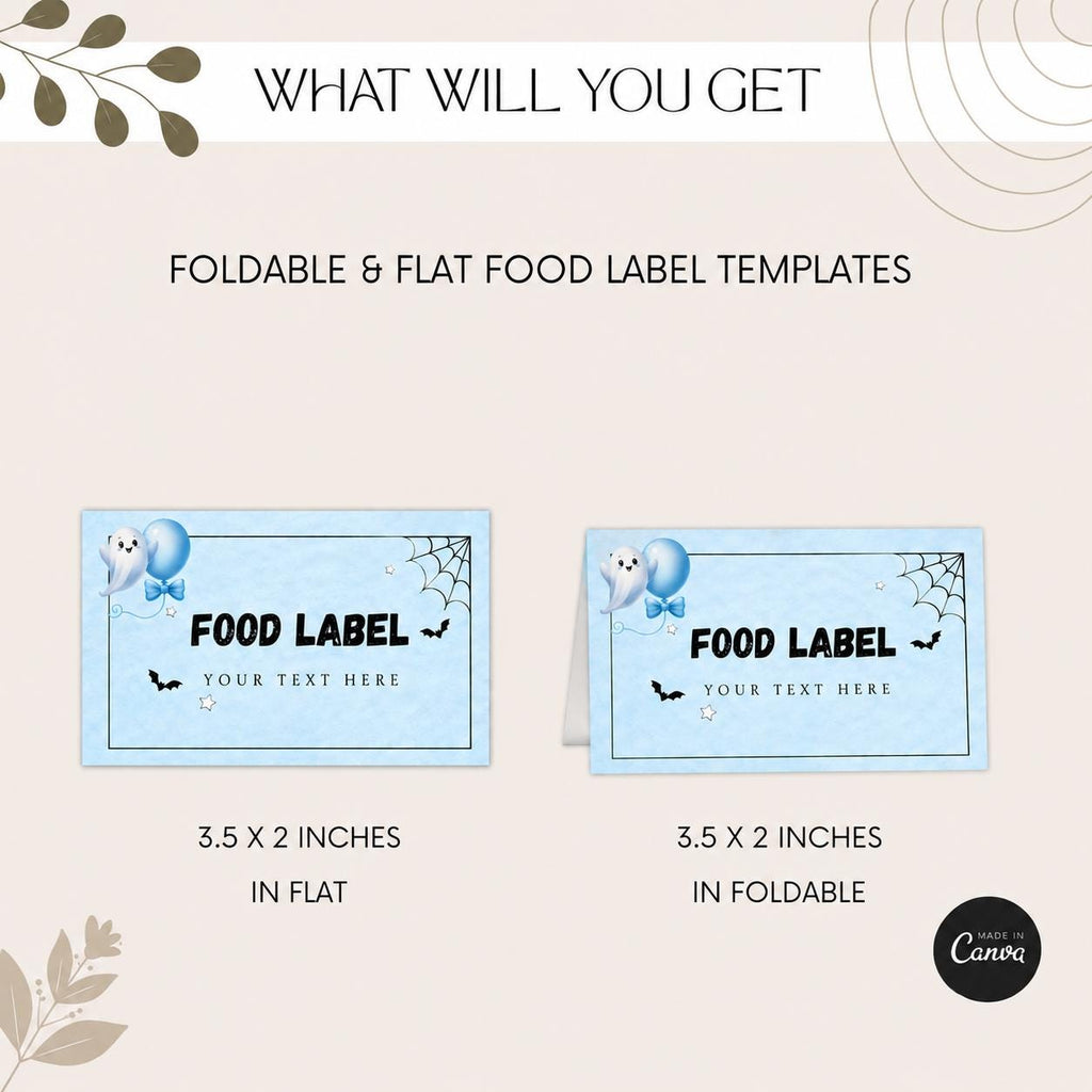 Little Boo Baby Shower Food Labels, Blue Ghost Halloween Buffet Cards, Editable Flat & Folded Table Labels, Digital Download
