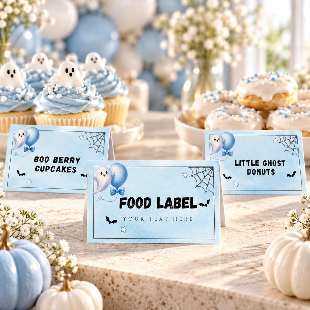Little Boo Baby Shower Food Labels, Blue Ghost Halloween Buffet Cards, Editable Flat & Folded Table Labels, Digital Download