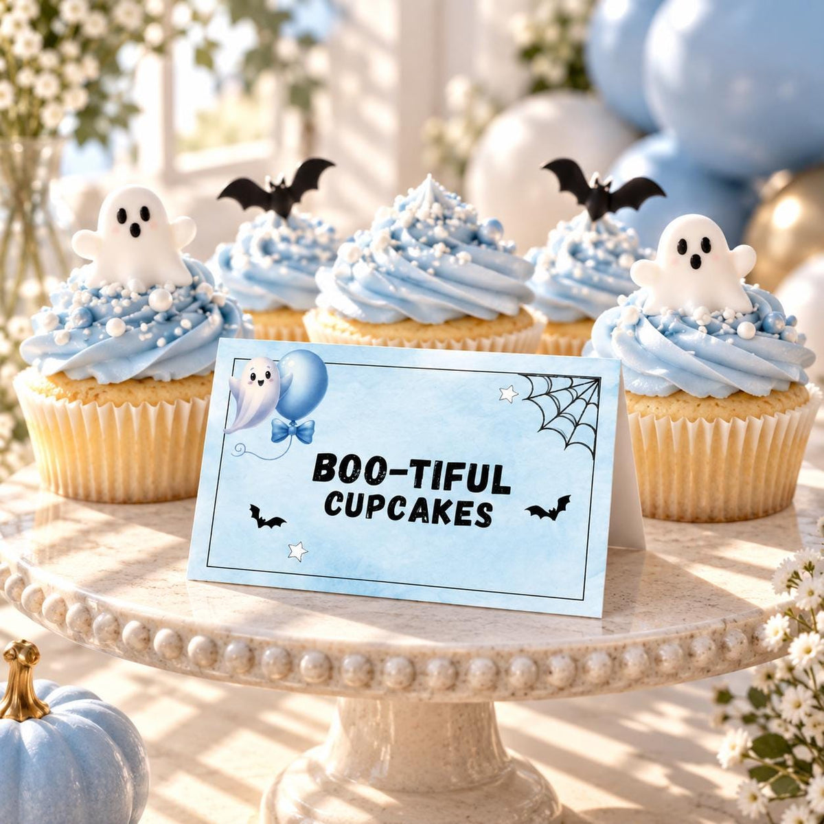 Little Boo Baby Shower Food Labels, Blue Ghost Halloween Buffet Cards, Editable Flat & Folded Table Labels, Digital Download