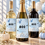 Little Boo Baby Shower Wine & Champagne Labels, Blue Halloween Ghost Bottle Stickers, Editable Baby Shower Drink Labels