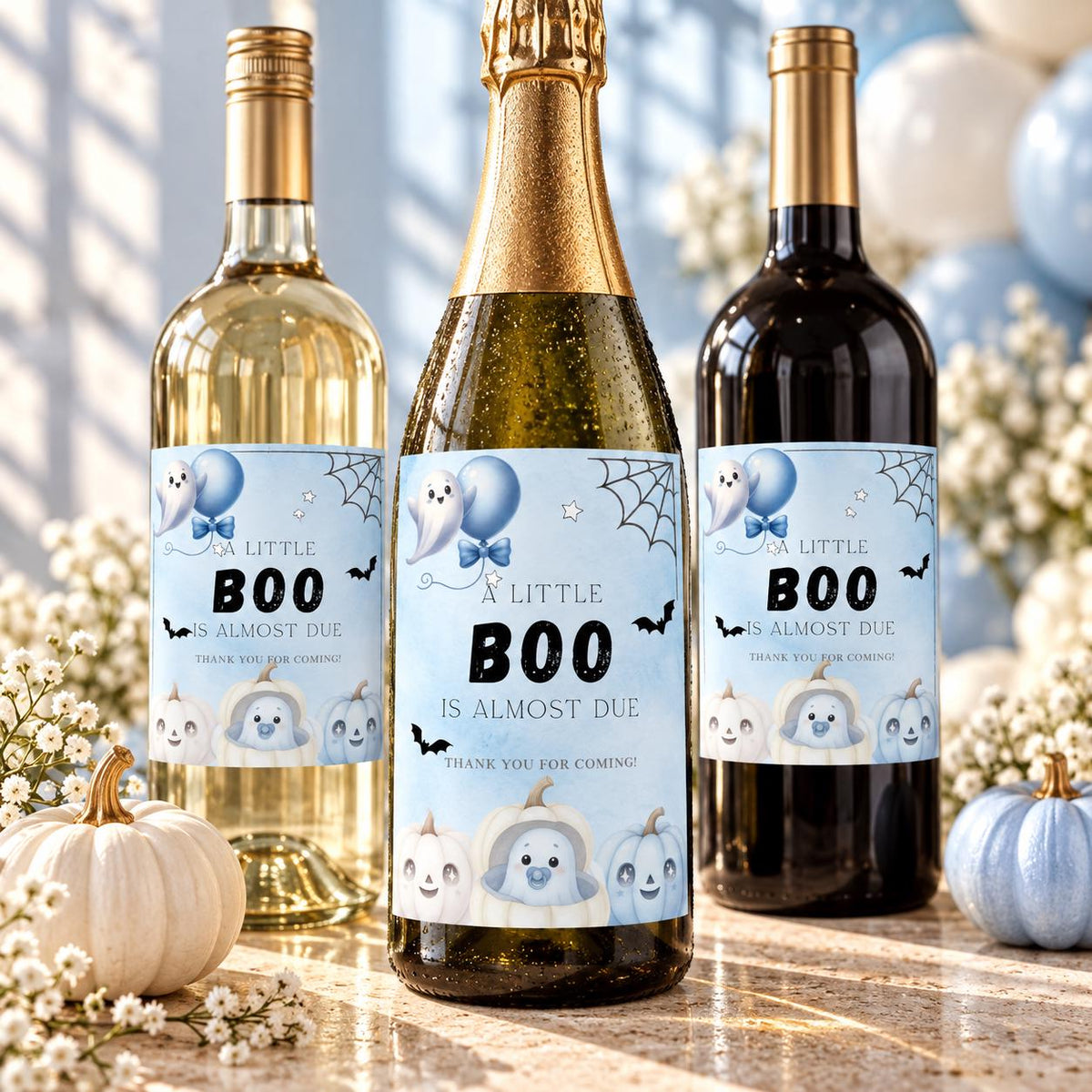 Little Boo Baby Shower Wine & Champagne Labels, Blue Halloween Ghost Bottle Stickers, Editable Baby Shower Drink Labels