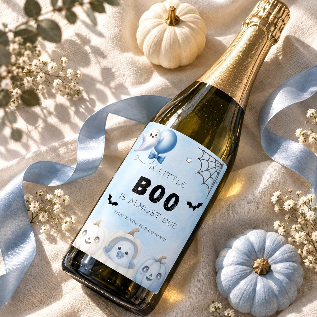 Little Boo Baby Shower Wine & Champagne Labels, Blue Halloween Ghost Bottle Stickers, Editable Baby Shower Drink Labels