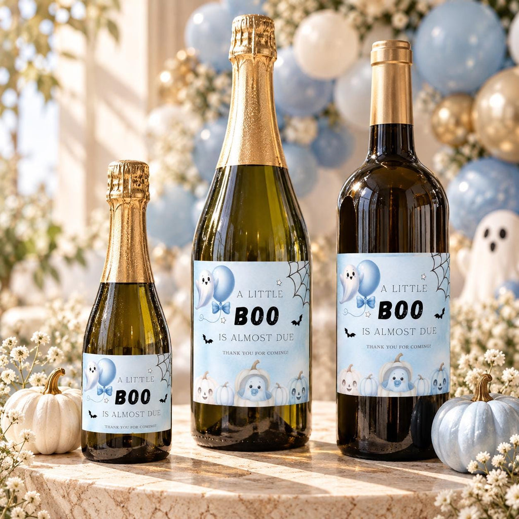 Little Boo Baby Shower Wine & Champagne Labels, Blue Halloween Ghost Bottle Stickers, Editable Baby Shower Drink Labels