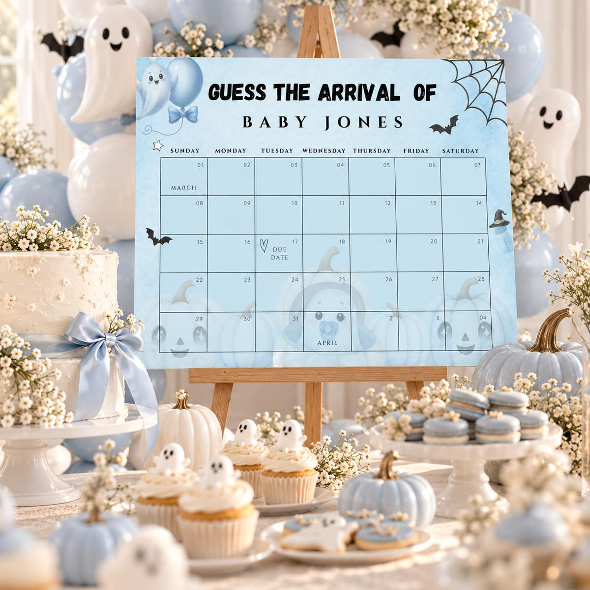Little Boo Baby Shower Due Date Calendar, Blue Halloween Baby Shower Game, Editable A2 & 24x18 Baby Arrival Calendar