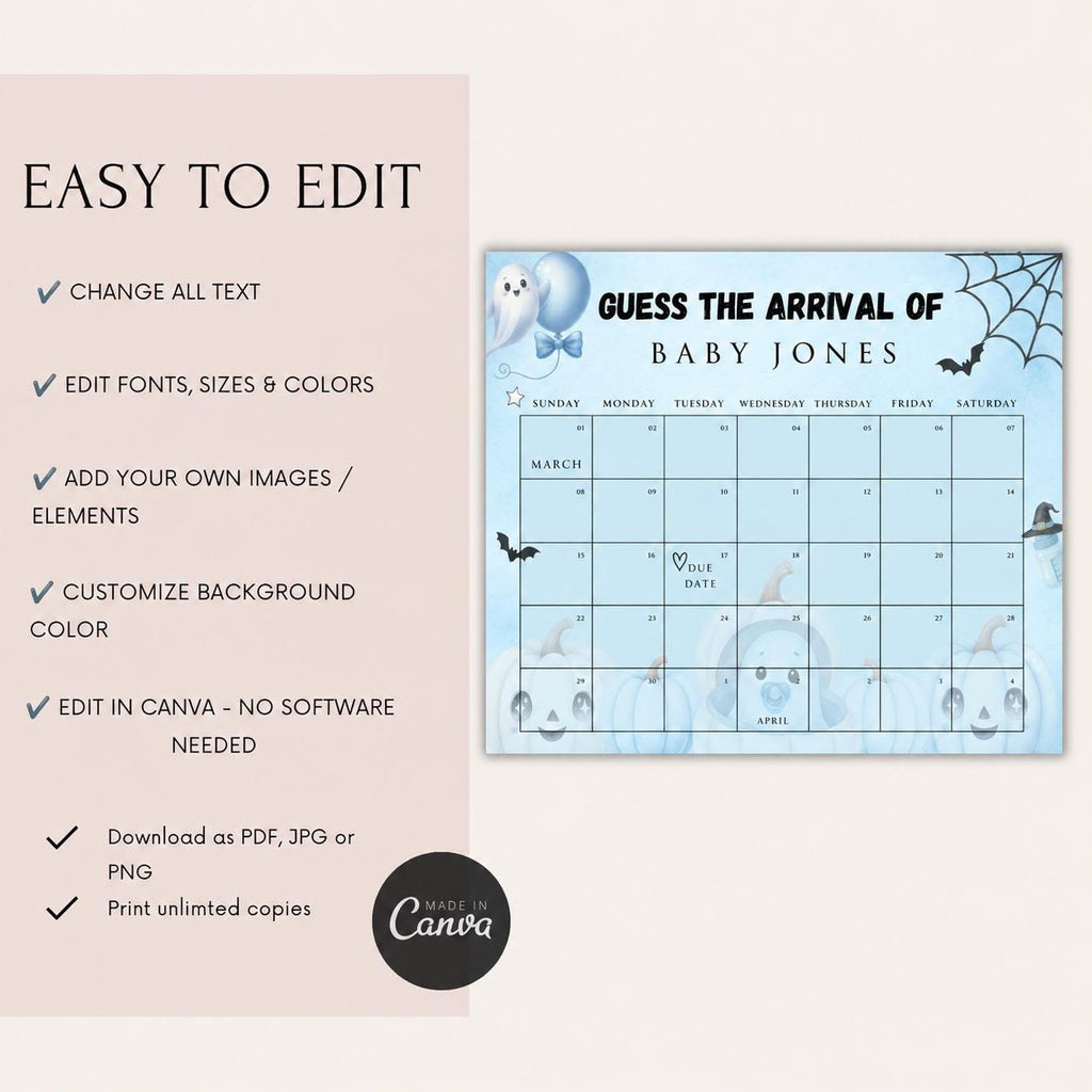 Little Boo Baby Shower Due Date Calendar, Blue Halloween Baby Shower Game, Editable A2 & 24x18 Baby Arrival Calendar