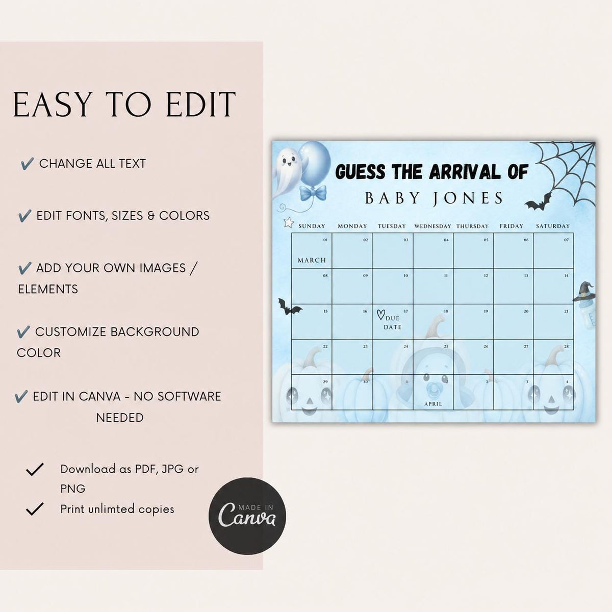 Little Boo Baby Shower Due Date Calendar, Blue Halloween Baby Shower Game, Editable A2 & 24x18 Baby Arrival Calendar
