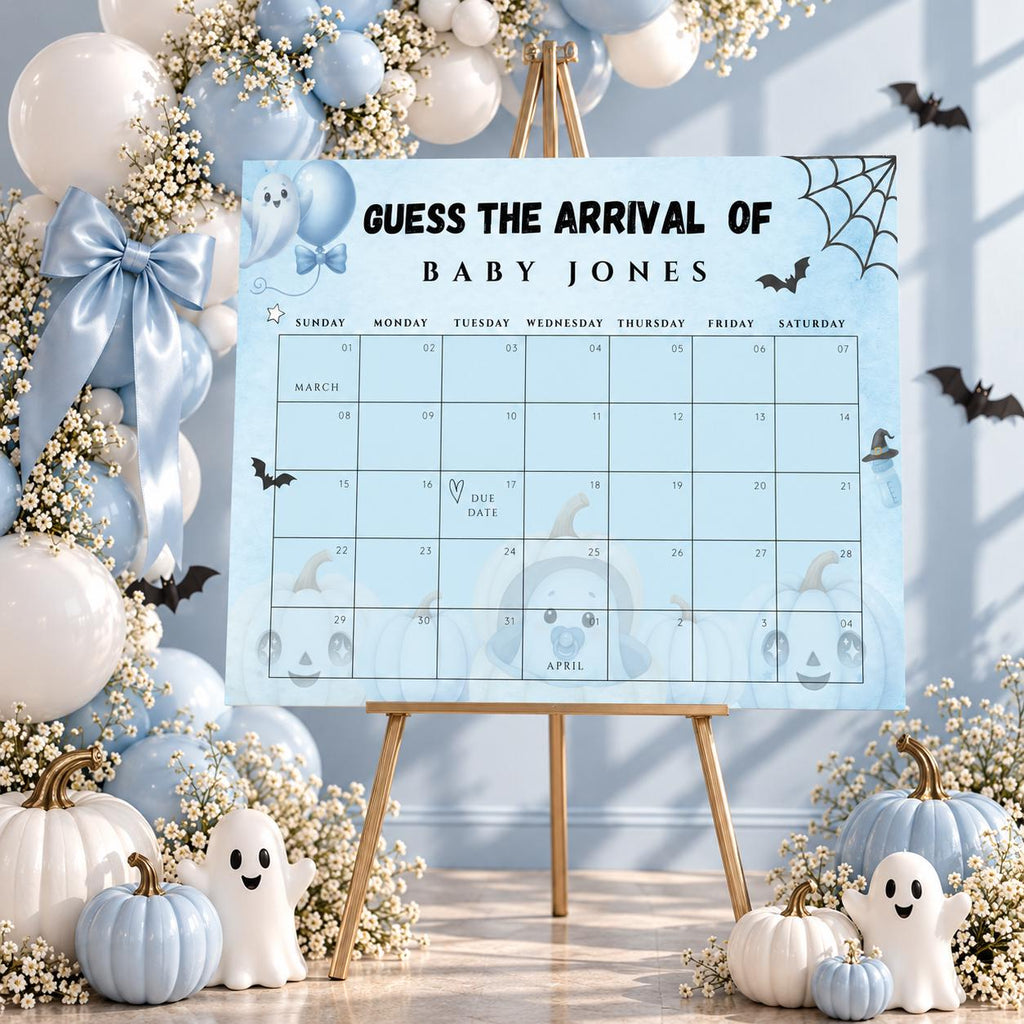Little Boo Baby Shower Due Date Calendar, Blue Halloween Baby Shower Game, Editable A2 & 24x18 Baby Arrival Calendar