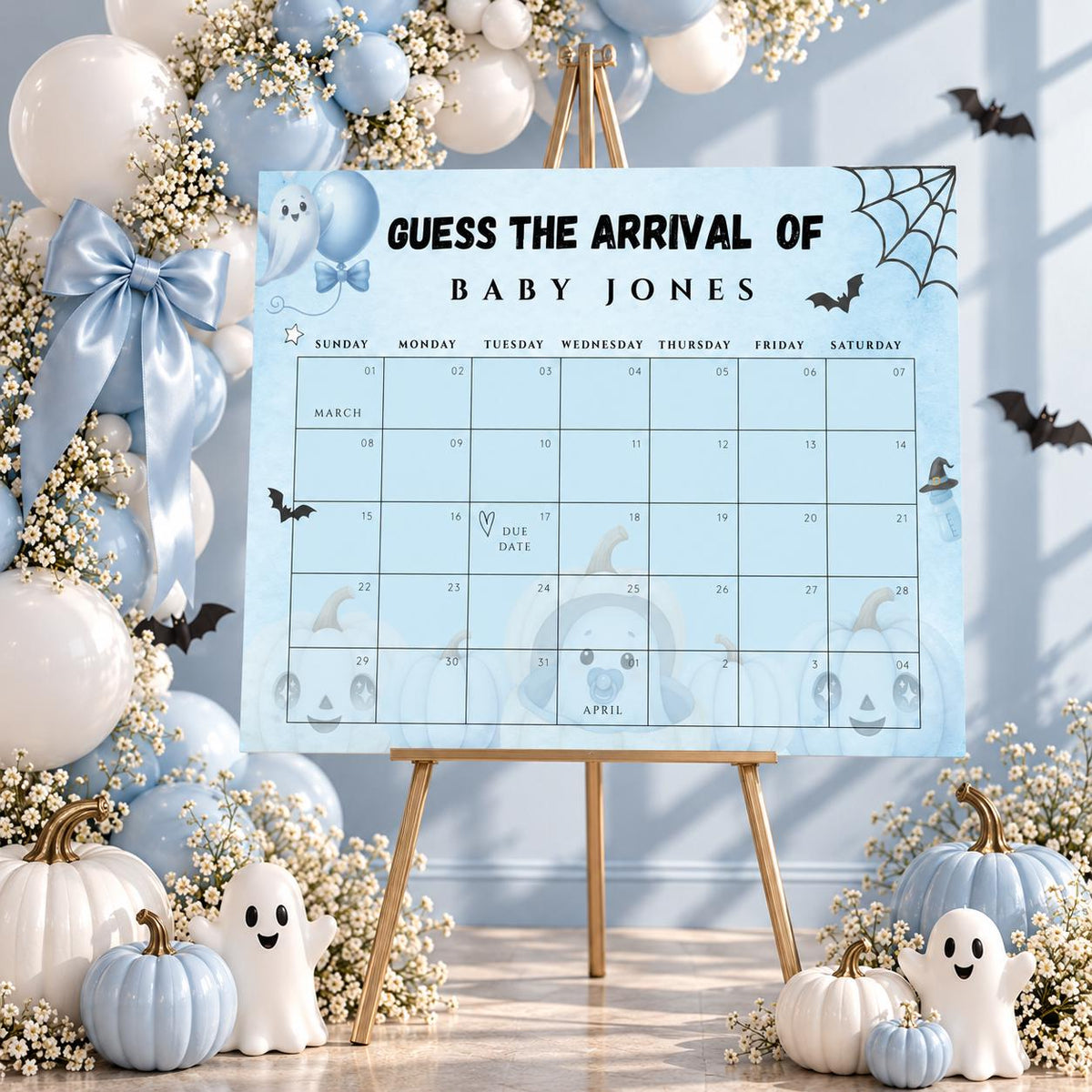 Little Boo Baby Shower Due Date Calendar, Blue Halloween Baby Shower Game, Editable A2 & 24x18 Baby Arrival Calendar