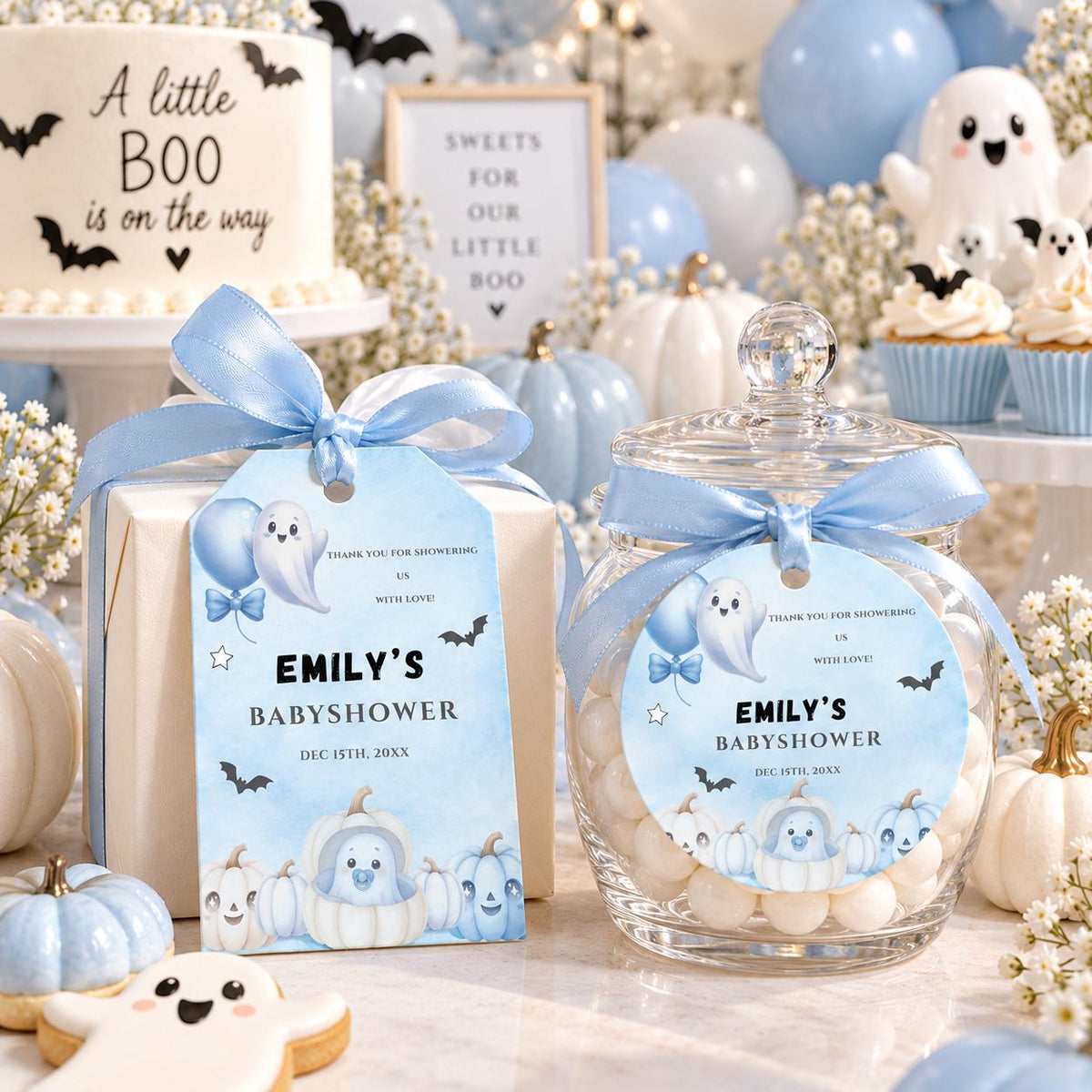 Little Boo Baby Shower Gift Tags, Blue Halloween Favor Tags, Editable Ghost Thank You Tags, Square Circle Rectangle Printable