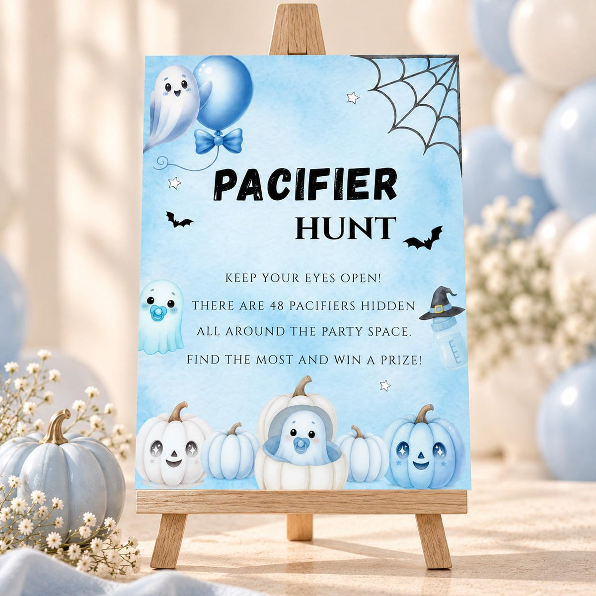 Little Boo Baby Shower Pacifier Hunt Sign, Blue Halloween Baby Shower Game, Editable Ghost Sign, 5x7 8x10 A4 US Letter