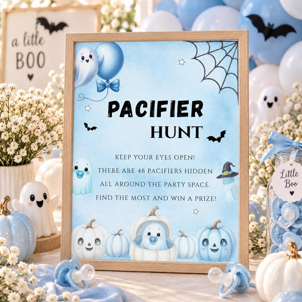 Little Boo Baby Shower Pacifier Hunt Sign, Blue Halloween Baby Shower Game, Editable Ghost Sign, 5x7 8x10 A4 US Letter