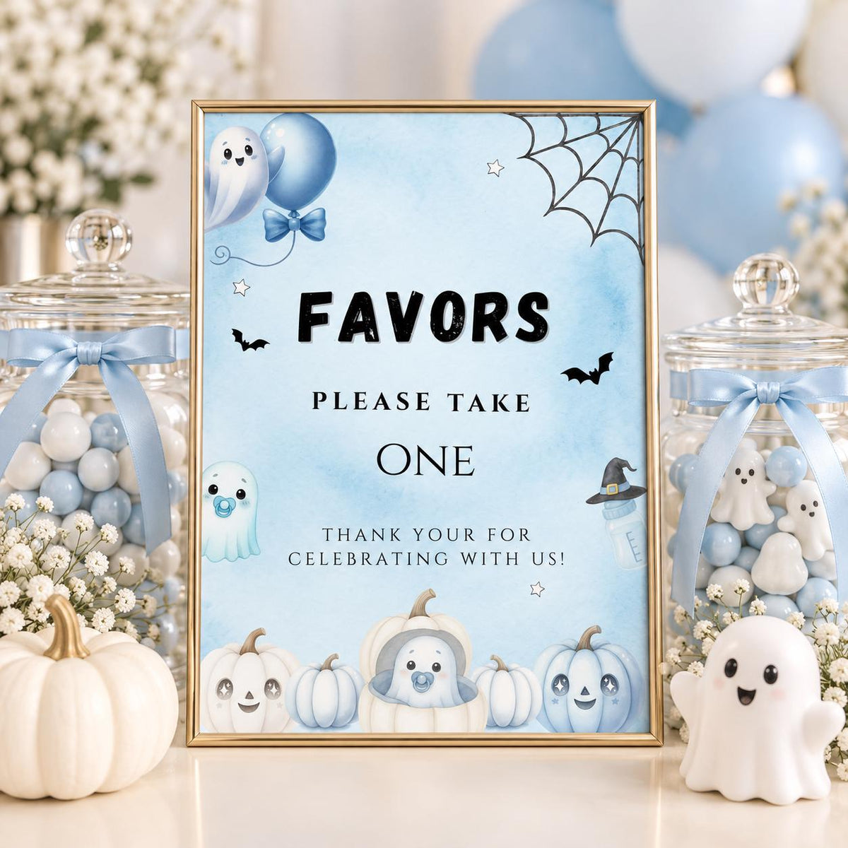 Little Boo Baby Shower Favors Sign, Blue Halloween Please Take One Sign, Editable Ghost Favor Sign, 5x7 8x10 A4 US Letter