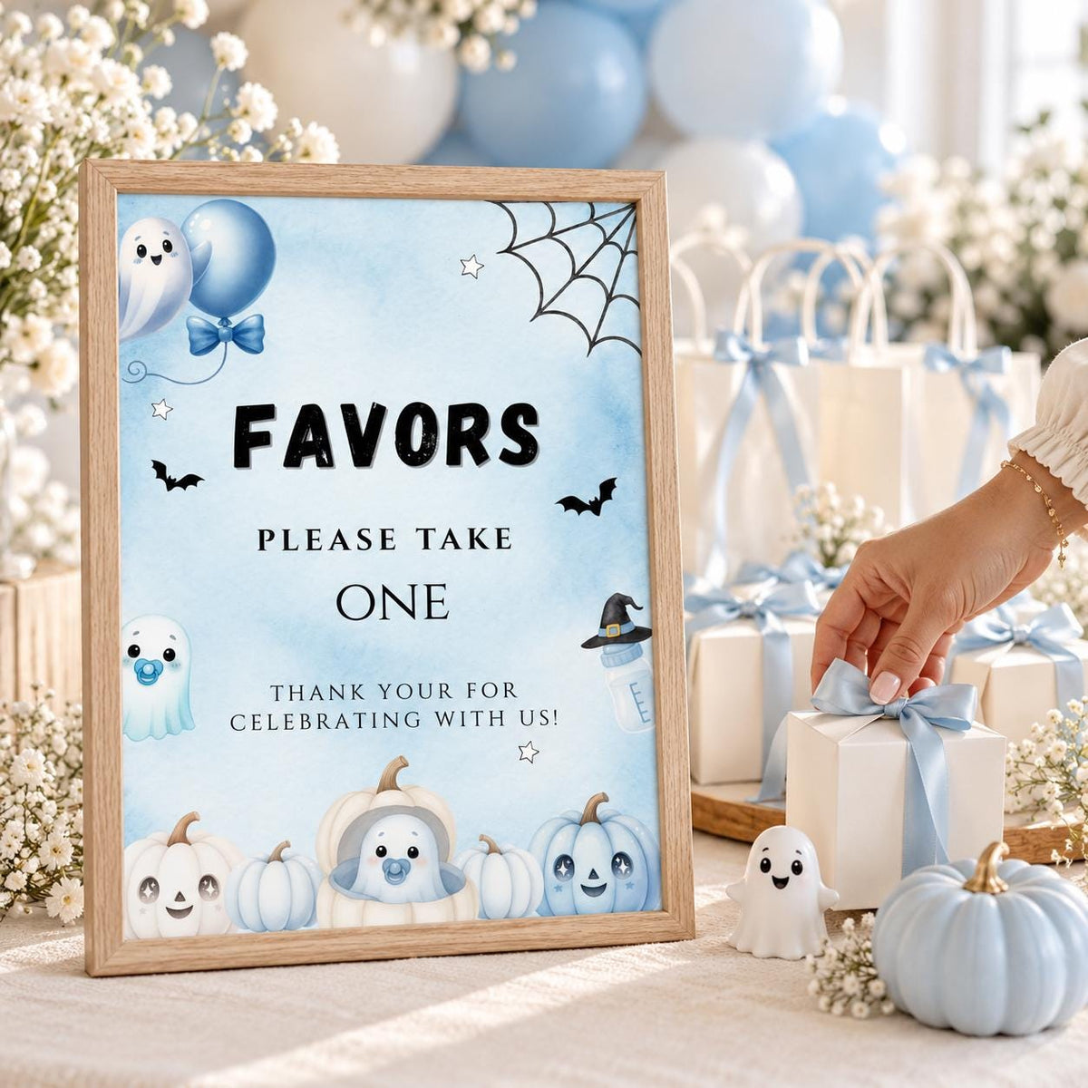 Little Boo Baby Shower Favors Sign, Blue Halloween Please Take One Sign, Editable Ghost Favor Sign, 5x7 8x10 A4 US Letter