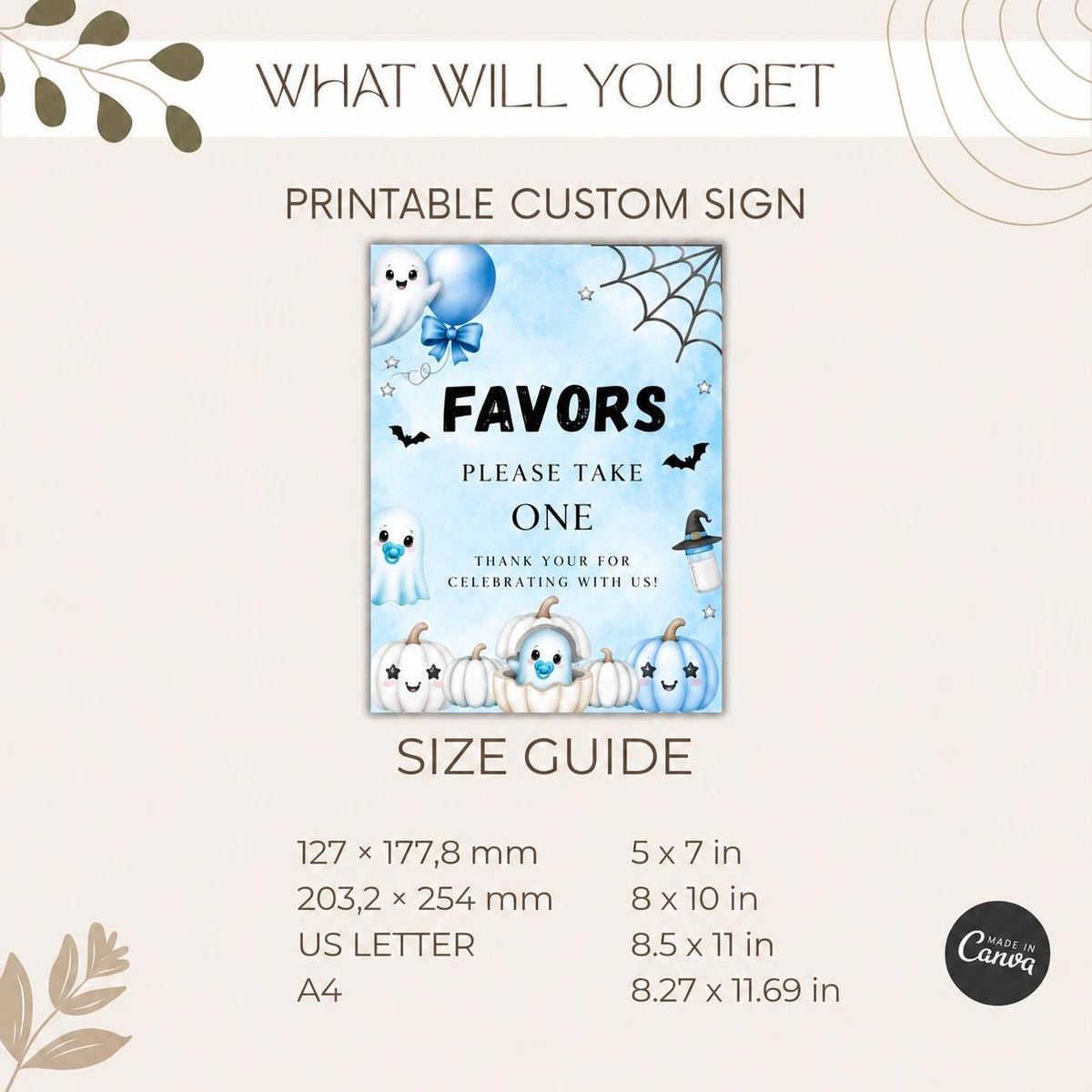 Little Boo Baby Shower Favors Sign, Blue Halloween Please Take One Sign, Editable Ghost Favor Sign, 5x7 8x10 A4 US Letter