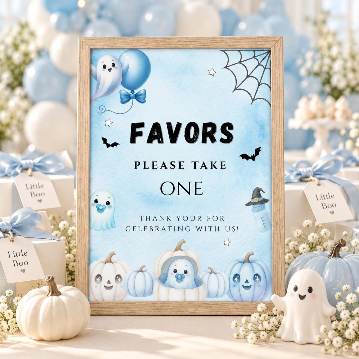 Little Boo Baby Shower Favors Sign, Blue Halloween Please Take One Sign, Editable Ghost Favor Sign, 5x7 8x10 A4 US Letter