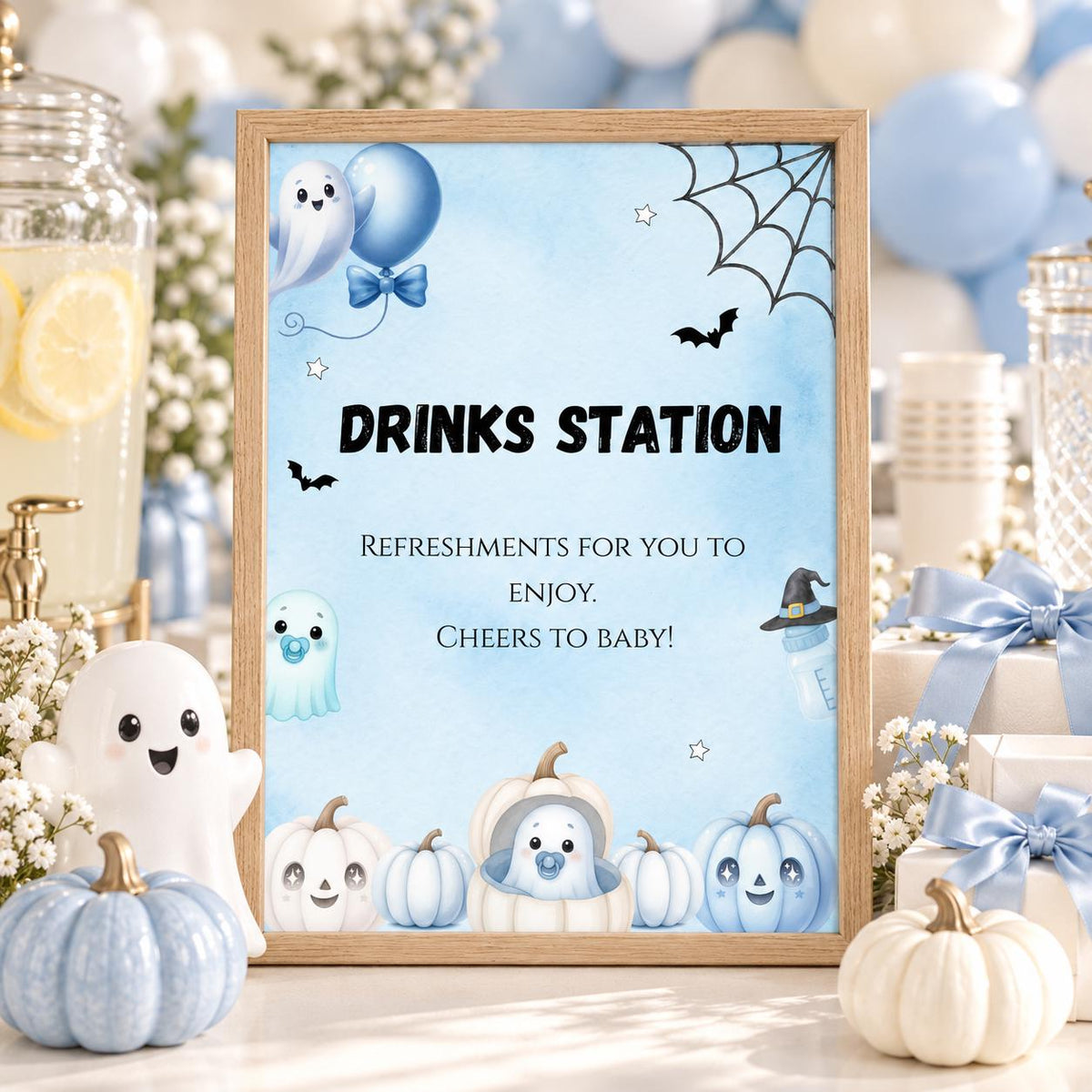 Little Boo Baby Shower Drinks Station Sign, Blue Halloween Baby Shower Decor, Editable Ghost Drink Table Sign, Digital Download