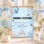 Little Boo Baby Shower Drinks Station Sign, Blue Halloween Baby Shower Decor, Editable Ghost Drink Table Sign, Digital Download