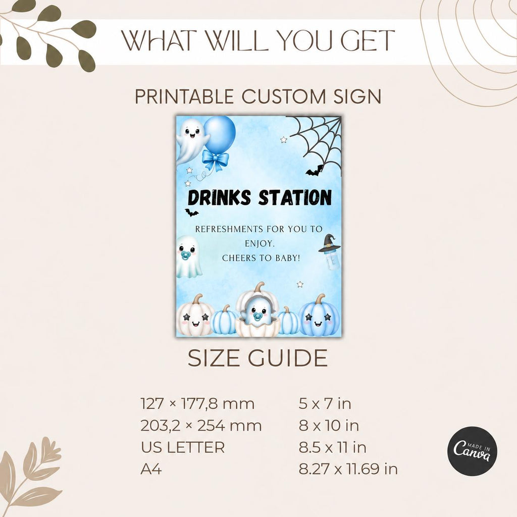 Little Boo Baby Shower Drinks Station Sign, Blue Halloween Baby Shower Decor, Editable Ghost Drink Table Sign, Digital Download