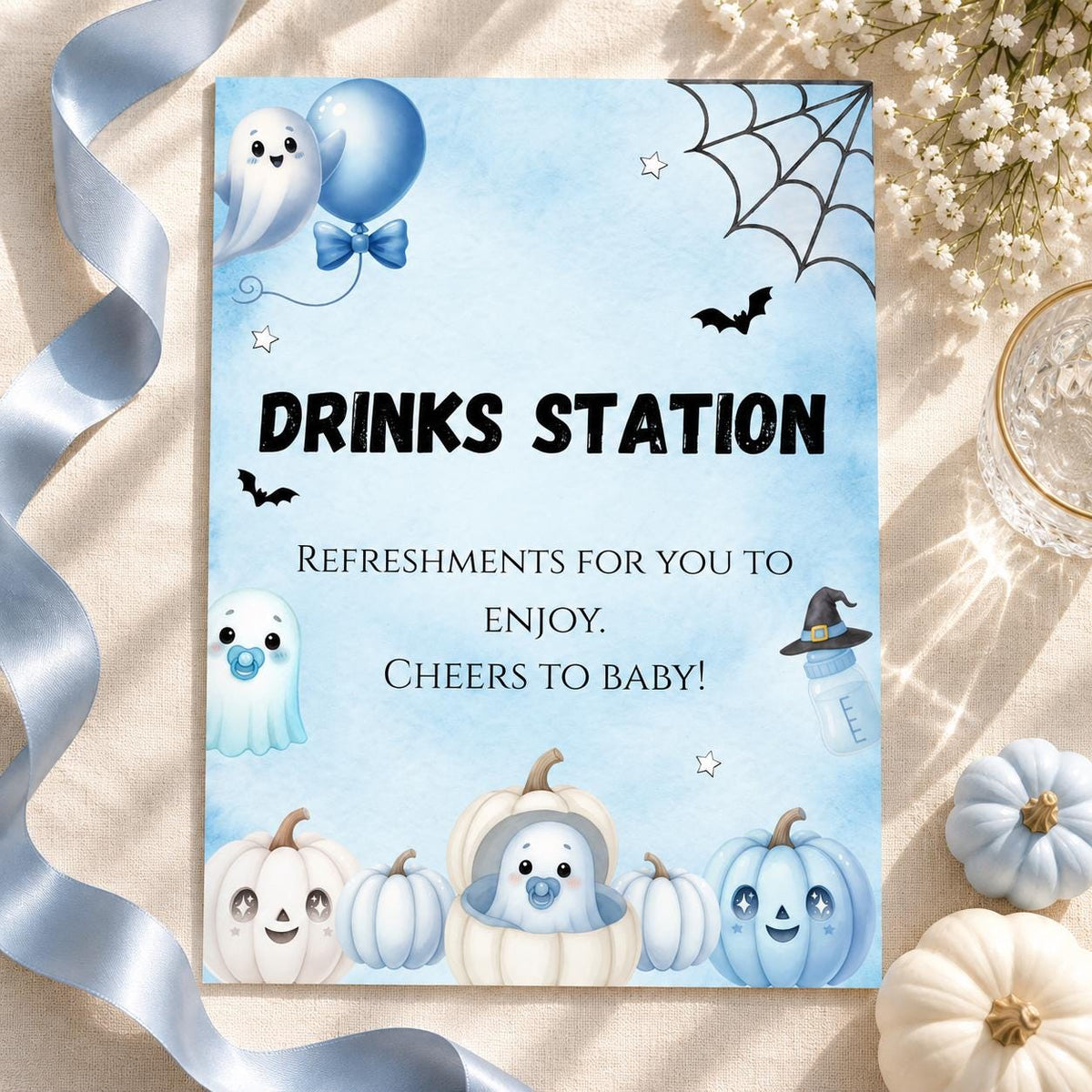Little Boo Baby Shower Drinks Station Sign, Blue Halloween Baby Shower Decor, Editable Ghost Drink Table Sign, Digital Download
