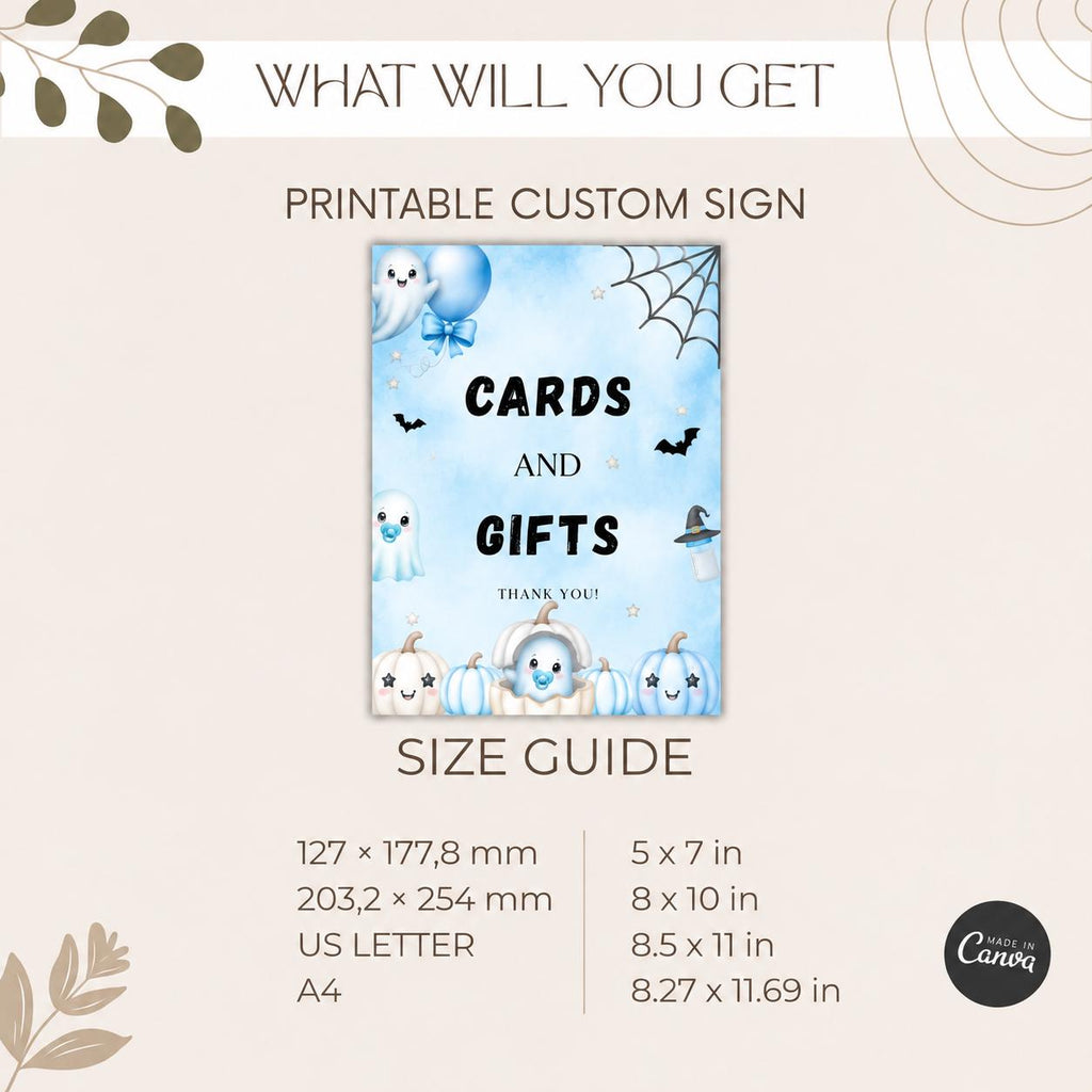 Little Boo Baby Shower Cards & Gifts Sign, Blue Ghost Baby Shower Sign, Halloween Gift Table Decor, Editable Template