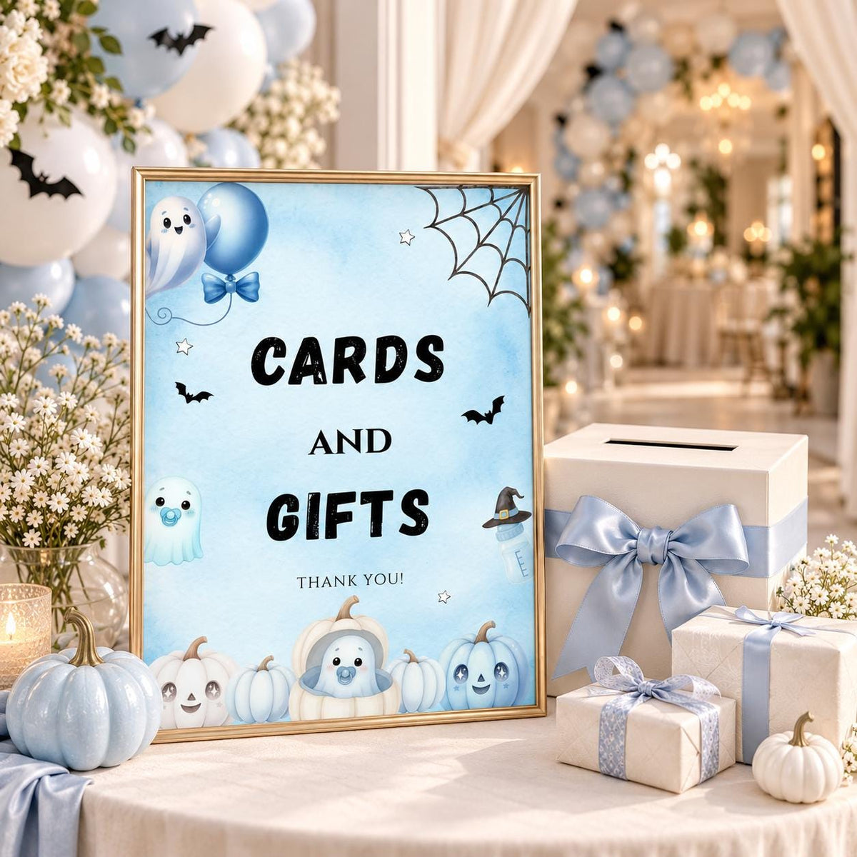 Little Boo Baby Shower Cards & Gifts Sign, Blue Ghost Baby Shower Sign, Halloween Gift Table Decor, Editable Template