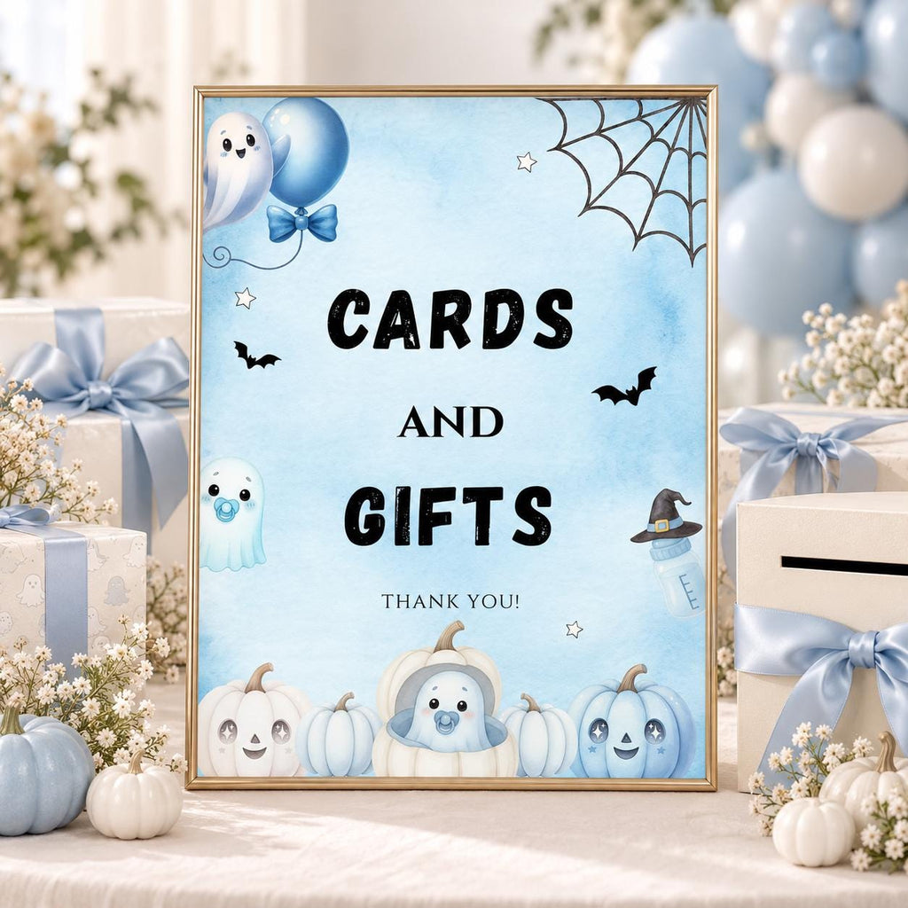 Little Boo Baby Shower Cards & Gifts Sign, Blue Ghost Baby Shower Sign, Halloween Gift Table Decor, Editable Template