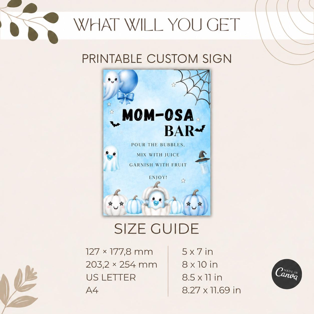 Little Boo Baby Shower Momosa Bar Sign, Blue Ghost Baby Shower Decor, Halloween Mimosa Station Sign, Editable Template