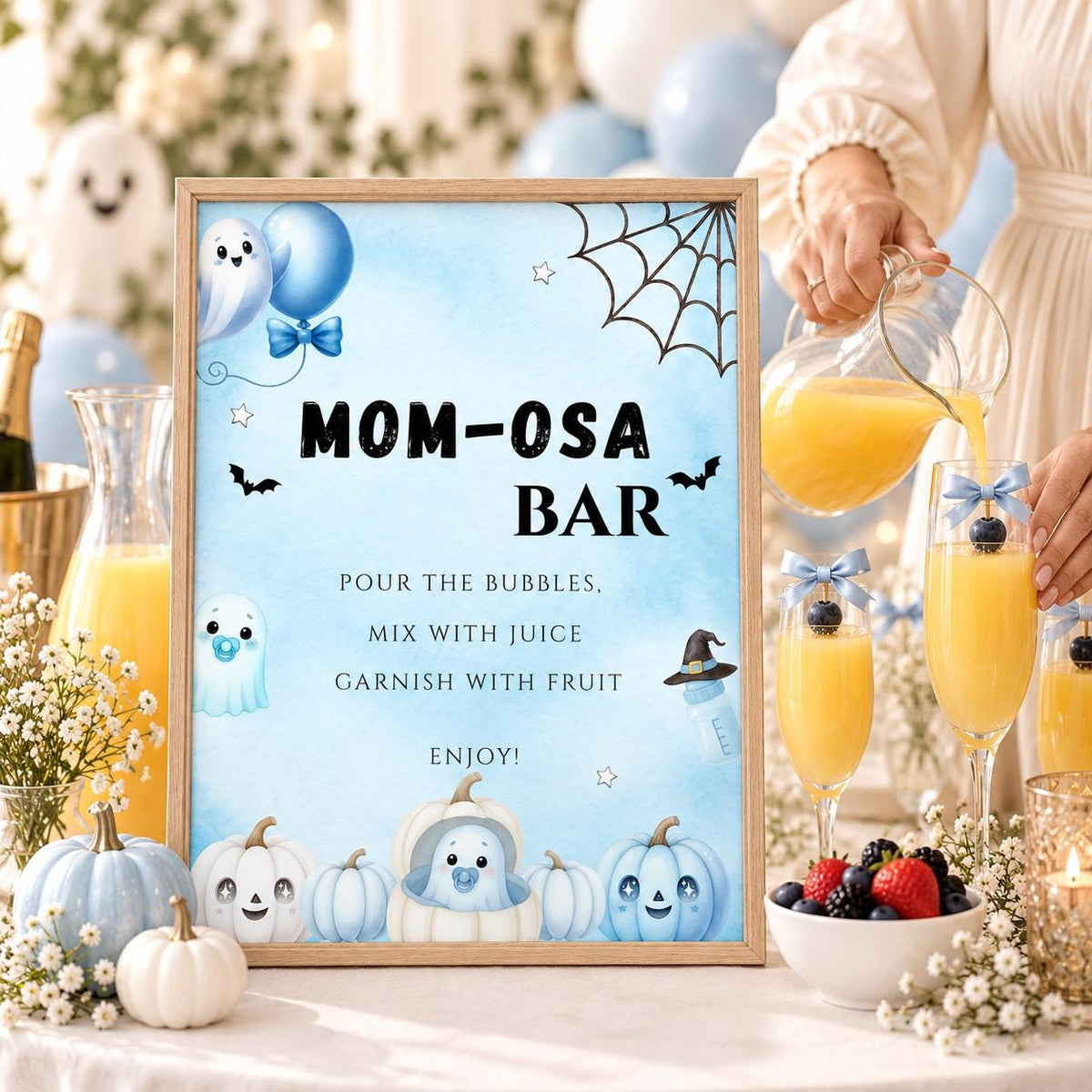 Little Boo Baby Shower Momosa Bar Sign, Blue Ghost Baby Shower Decor, Halloween Mimosa Station Sign, Editable Template