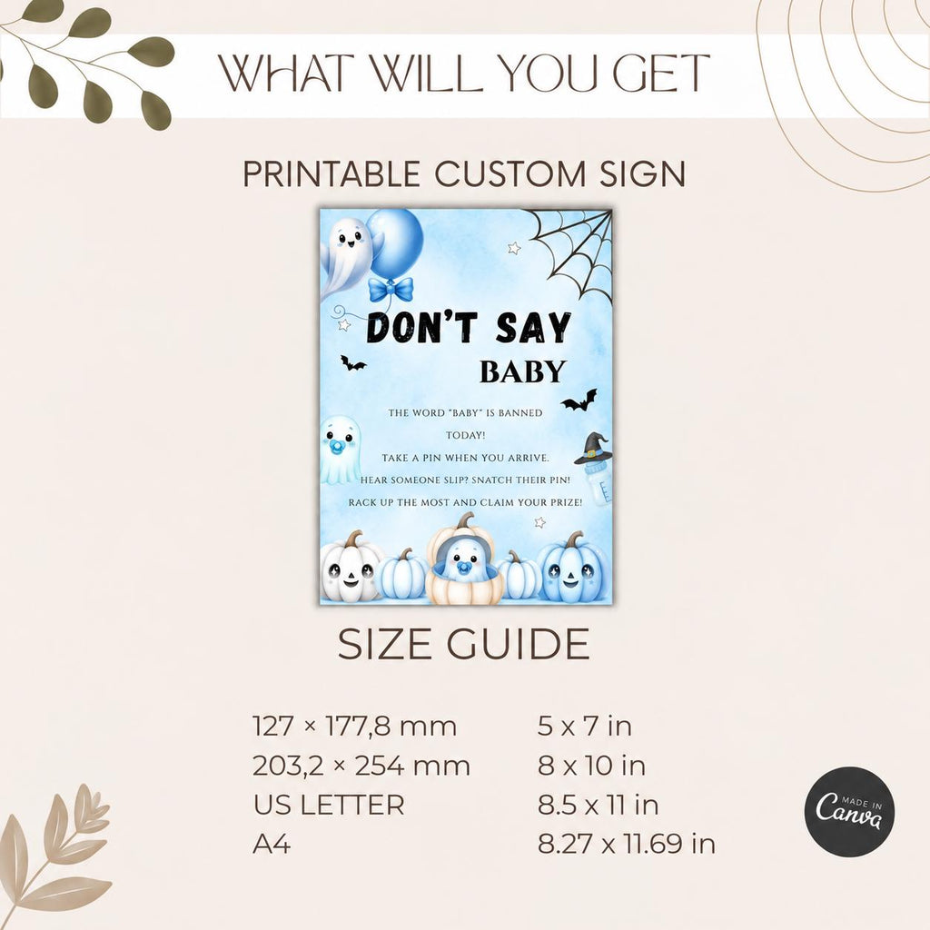 Little Boo Baby Shower Don't Say Baby Sign, Blue Ghost Baby Shower Game, Halloween Clothespin Party Game, Editable Template