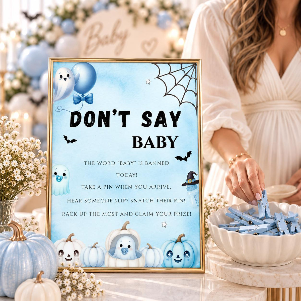 Little Boo Baby Shower Don't Say Baby Sign, Blue Ghost Baby Shower Game, Halloween Clothespin Party Game, Editable Template