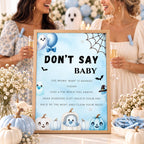 Little Boo Baby Shower Don't Say Baby Sign, Blue Ghost Baby Shower Game, Halloween Clothespin Party Game, Editable Template