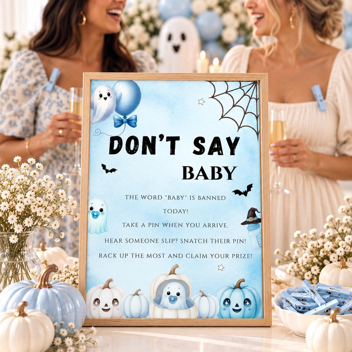 Little Boo Baby Shower Don't Say Baby Sign, Blue Ghost Baby Shower Game, Halloween Clothespin Party Game, Editable Template