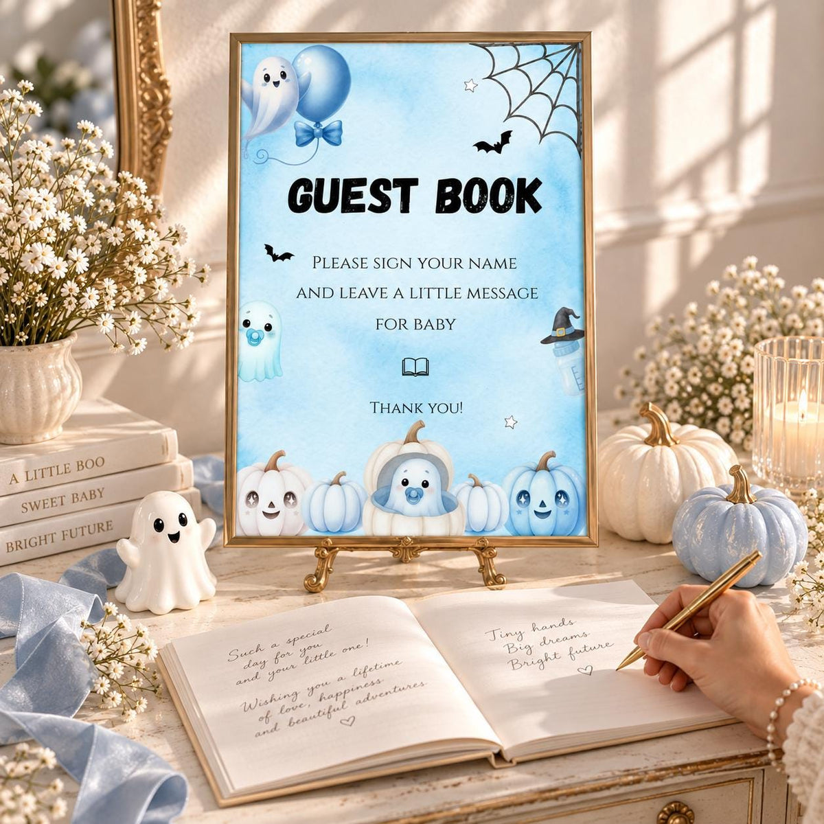Little Boo Baby Shower Guest Book Sign, Blue Halloween Baby Shower Decor, Editable Ghost Guestbook Table Sign, Digital Download