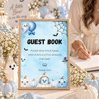Little Boo Baby Shower Guest Book Sign, Blue Halloween Baby Shower Decor, Editable Ghost Guestbook Table Sign, Digital Download
