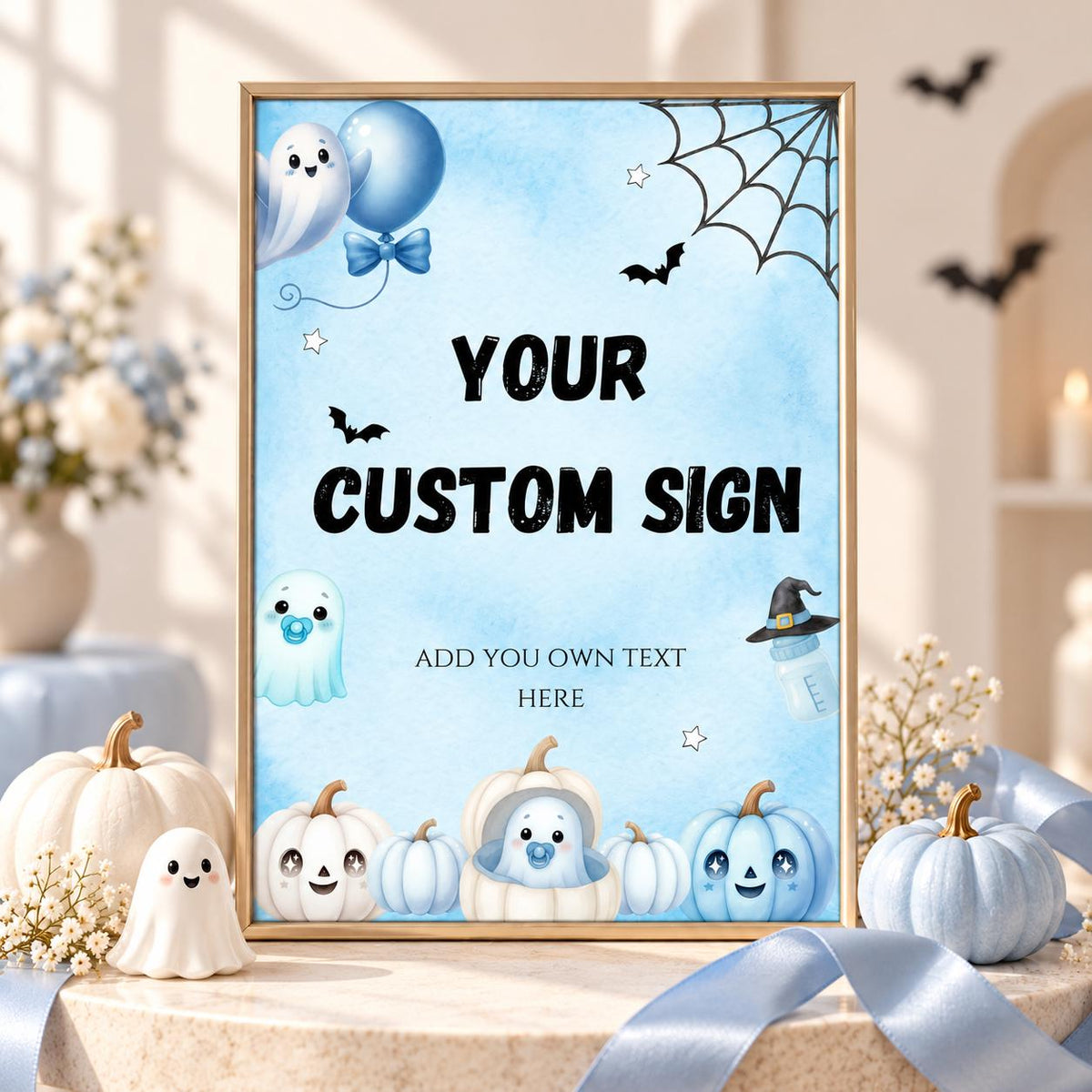 Little Boo Baby Custom Sign, Blue Halloween Baby Shower Decor, Editable Personalized Ghost Party Sign, Printable Template