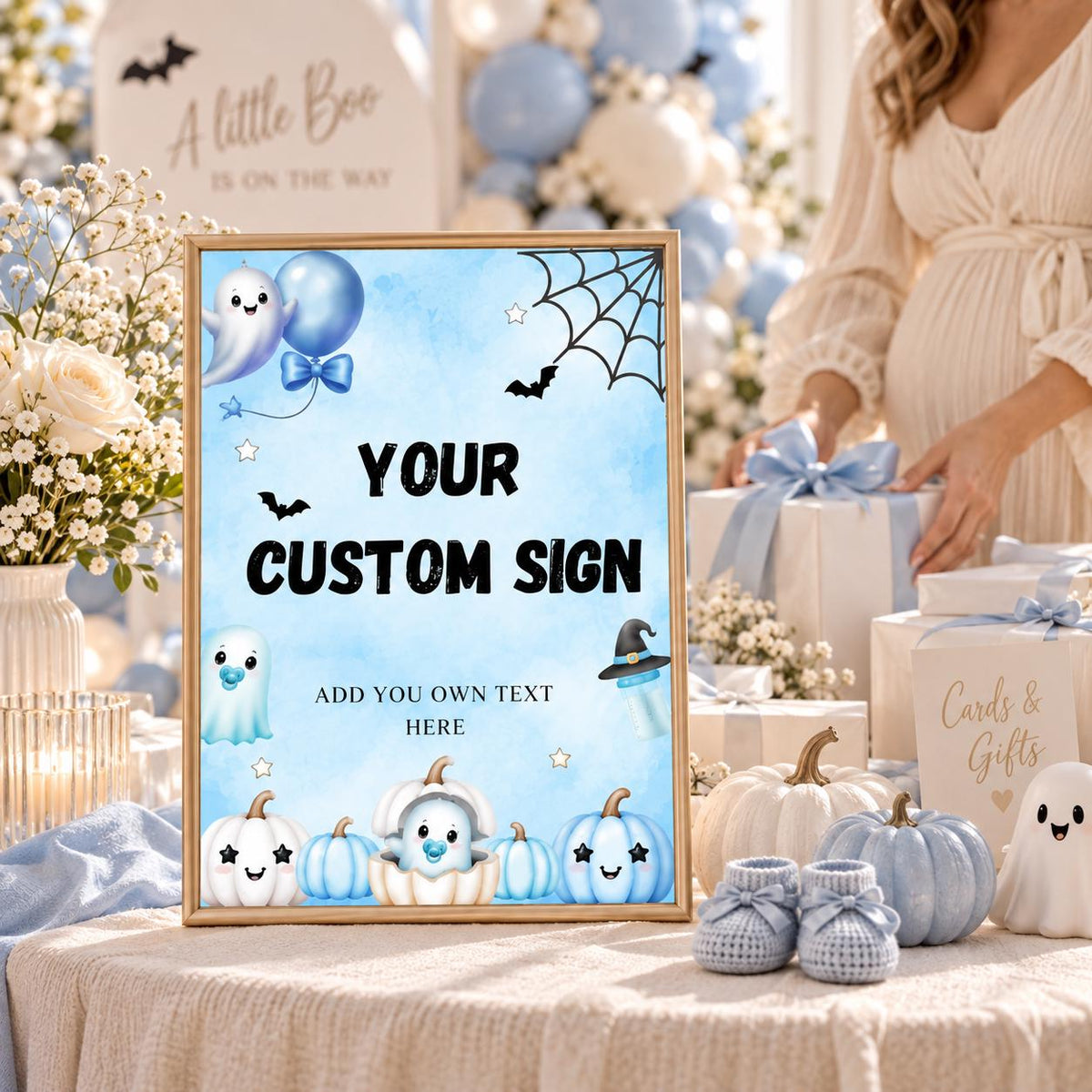 Little Boo Baby Custom Sign, Blue Halloween Baby Shower Decor, Editable Personalized Ghost Party Sign, Printable Template