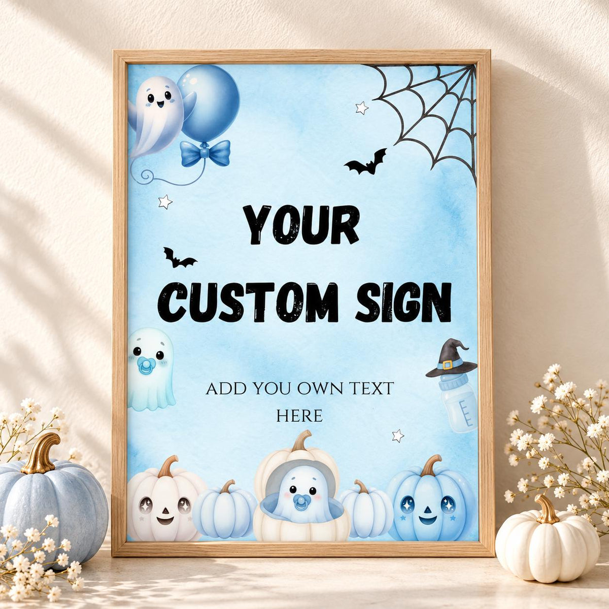 Little Boo Baby Custom Sign, Blue Halloween Baby Shower Decor, Editable Personalized Ghost Party Sign, Printable Template