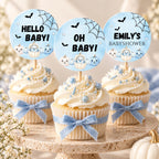 Little Boo Baby Cupcake Toppers, Editable Blue Halloween Baby Shower Cupcake Decor, Personalized Ghost Pumpkin Toppers, 2x2