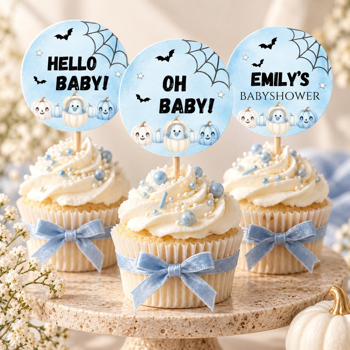 Little Boo Baby Cupcake Toppers, Editable Blue Halloween Baby Shower Cupcake Decor, Personalized Ghost Pumpkin Toppers, 2x2