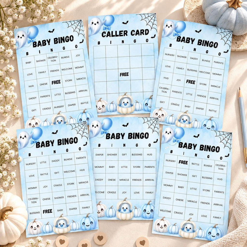 60 Little Boo Baby Shower Bingo Cards, Blue Halloween Baby Shower Game, Editable Ghost Bingo Card, Printable Party Activity