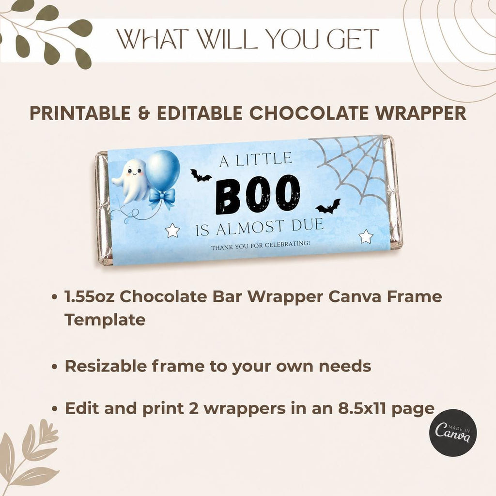 Little Boo Baby Shower Chocolate Wrappers, Editable Blue Ghost Candy Wrapper, Halloween Baby Shower Favors, 1.55 oz Printable
