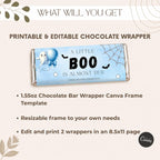 Little Boo Baby Shower Chocolate Wrappers, Editable Blue Ghost Candy Wrapper, Halloween Baby Shower Favors, 1.55 oz Printable