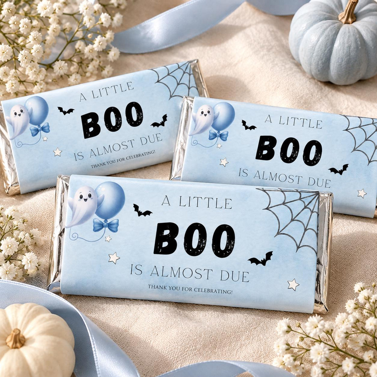 Little Boo Baby Shower Chocolate Wrappers, Editable Blue Ghost Candy Wrapper, Halloween Baby Shower Favors, 1.55 oz Printable