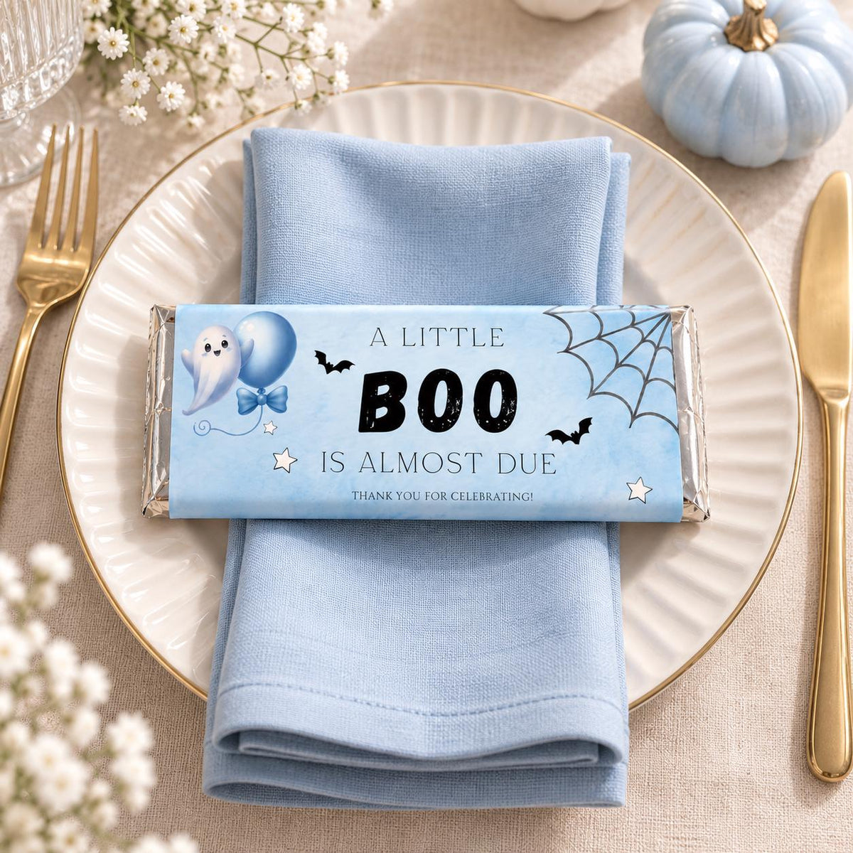 Little Boo Baby Shower Chocolate Wrappers, Editable Blue Ghost Candy Wrapper, Halloween Baby Shower Favors, 1.55 oz Printable