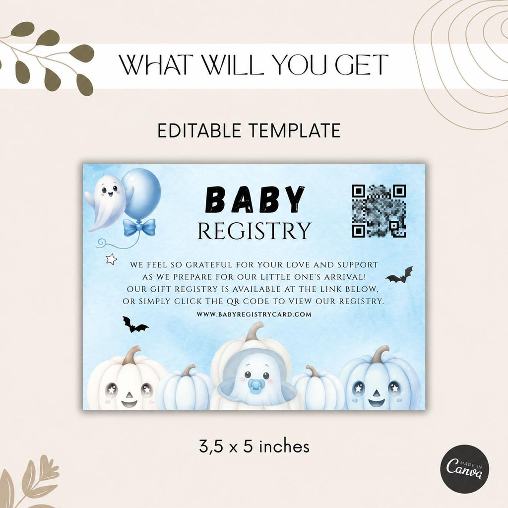 Little Boo Baby Shower Registry Card, Blue Halloween Baby Shower Insert, Editable Gift Registry QR Code Card, Printable 3.5x5