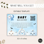 Little Boo Baby Shower Registry Card, Blue Halloween Baby Shower Insert, Editable Gift Registry QR Code Card, Printable 3.5x5