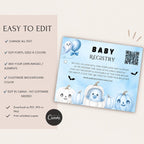 Little Boo Baby Shower Registry Card, Blue Halloween Baby Shower Insert, Editable Gift Registry QR Code Card, Printable 3.5x5