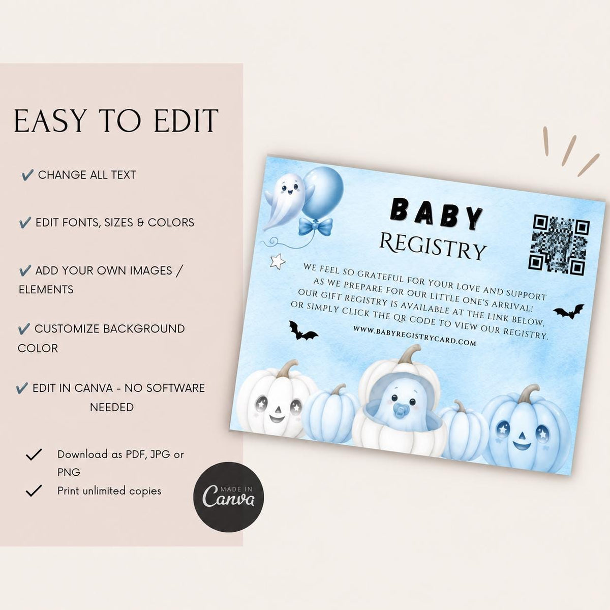 Little Boo Baby Shower Registry Card, Blue Halloween Baby Shower Insert, Editable Gift Registry QR Code Card, Printable 3.5x5