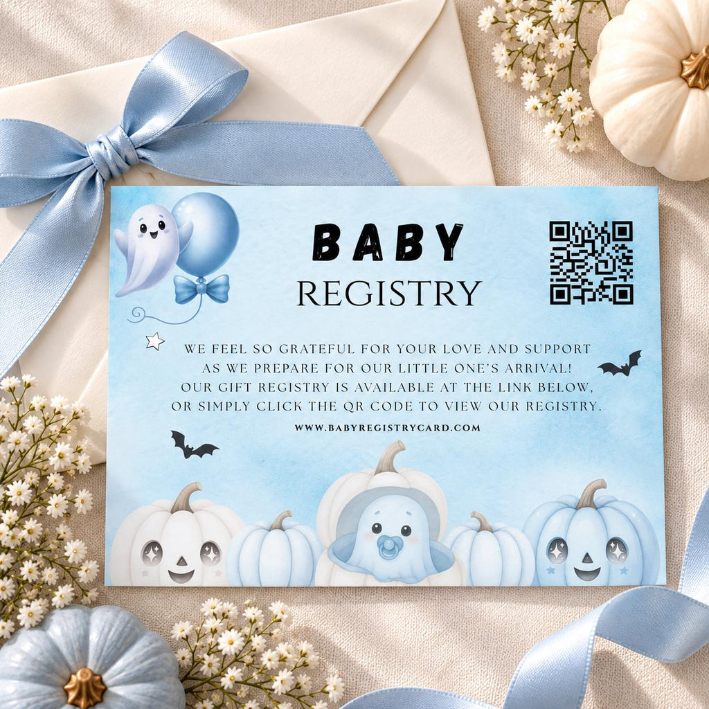 Little Boo Baby Shower Registry Card, Blue Halloween Baby Shower Insert, Editable Gift Registry QR Code Card, Printable 3.5x5
