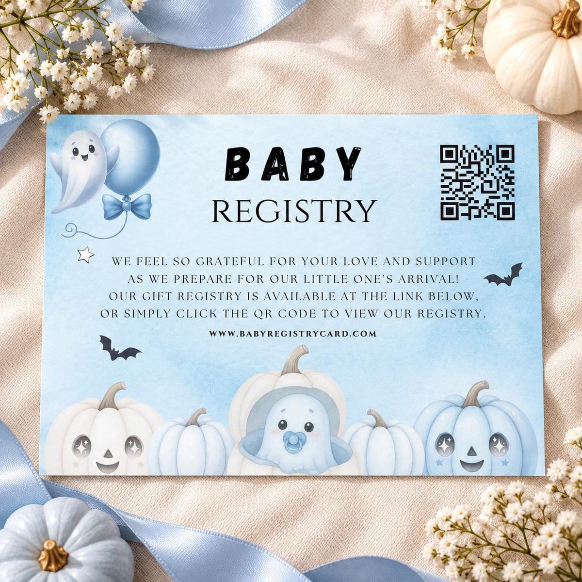 Little Boo Baby Shower Registry Card, Blue Halloween Baby Shower Insert, Editable Gift Registry QR Code Card, Printable 3.5x5